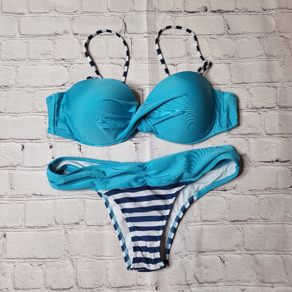 Turquoise Navy Blue Stripe Bikini - Cheeky Bottoms - Push-Up Cups - Size L